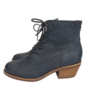 Soft Black Leather Lace Up Ankle Boots Rear Zip Stacked Block Heel Size 7.5